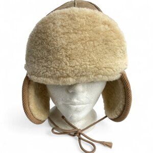 Vintage Crown Shearling Sheepskin Aviator Bomber Trapper Ear Flap Cap Hat